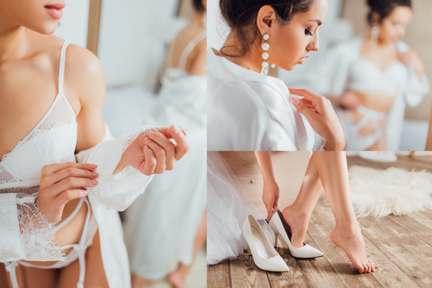 Collage di sposa in lingerie toccare abito di seta e mettere i tacchi a casa  - Foto, immagini