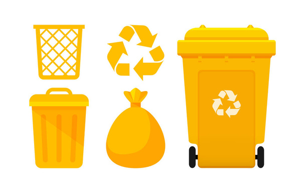 Gelbe Müllabfuhr, Papierkorb und Gelbe Plastiktüten Abfall isoliert auf weiß, Gelbe Tonnen mit Recyclingabfallsymbol, Frontansicht Set der Gelben Tonnen und Plastiktüten für Abfälle, 3r Müll - Vektor, Bild