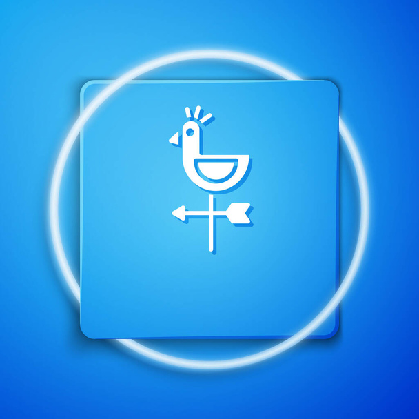 Weißer Hahn Wetterfahne Symbol isoliert auf blauem Hintergrund. Wetterhahn-Zeichen. Windflügelhahn. Blauer quadratischer Knopf. Vektorillustration - Vektor, Bild