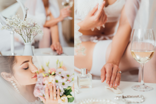 Collage von Braut mit Blumenstrauß und anrührender Haarnadel in der Nähe von Glas Wein und Parfüm auf Couchtisch  - Foto, Bild