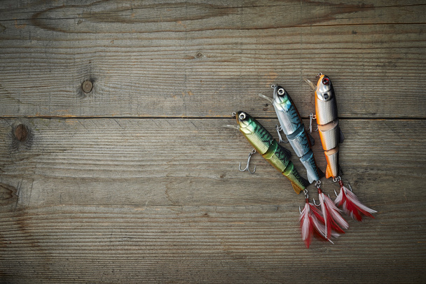 colorful lures on the wooden pier - Foto, immagini