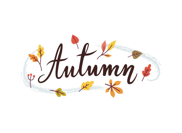 Handwritten Word Autumn with beautiful leaves around. Isolated autumnal illustration with lettering. - Vector design - Вектор, зображення