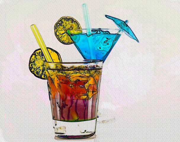 Ilustración cócteles coloridos con limón y cubitos de hielo, bebidas alcohólicas refrescantes, tiempo de fiesta - Foto, Imagen