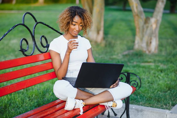 Portrait of african american woman with afro hairstyle sitting on the wooden bench outdoor and working on laptop - 写真・画像