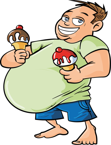 fumetto uomo in sovrappeso in possesso di due gelati
 - Vettoriali, immagini