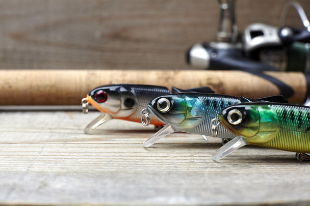 barevné návnad s rybářský prut na dřevěném molu - Fotografie, Obrázek