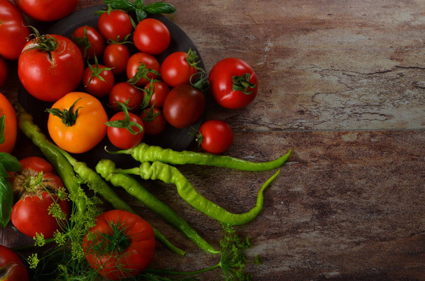 Rote, reife Tomaten und Basilikum, Dill und grüne Chilischoten auf dunklem Hintergrund. Ernte von Bio-Tomaten. Kopierraum und Textbereich - Foto, Bild