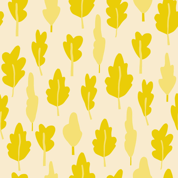 Herbstnahtloses Muster mit gelben Baumsilhouetten. Leichter Pastellhintergrund. Einfache florale Kulisse. Ideal zum Einwickeln von Papier, Textilien, Stoffdruck und Tapeten. Vektorillustration. - Vektor, Bild