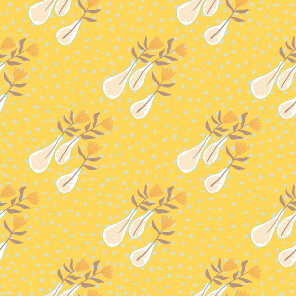 Summer botanic flowers seamless pattern. Floral ornament in a white vases on yellow background with dots. Decorative print for wallpaper, wrapping paper, textile print, fabric. Vector illustration. - Vector, Image