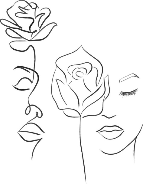 beautiful elegant woman face with flower one line draw vector illustration - Vektor, obrázek