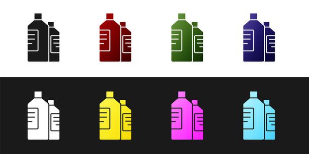 Állítsa műanyag palackok mosószer, fehérítő, mosogatószer folyadék vagy más tisztítószer ikon izolált fekete-fehér alapon. Vektorillusztráció - Vektor, kép