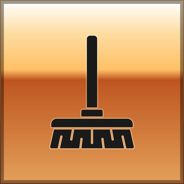 Icono de escoba mango negro aislado sobre fondo dorado. Servicio de limpieza concepto. Ilustración vectorial - Vector, imagen