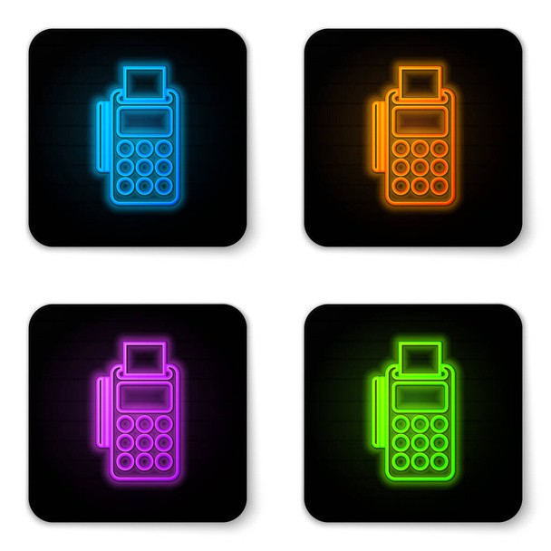 Glowing neon POS terminal with inserted credit card and printed reciept icon isolated on white background. NFC payment concept. Black square button. Vector Illustration - Vektori, kuva