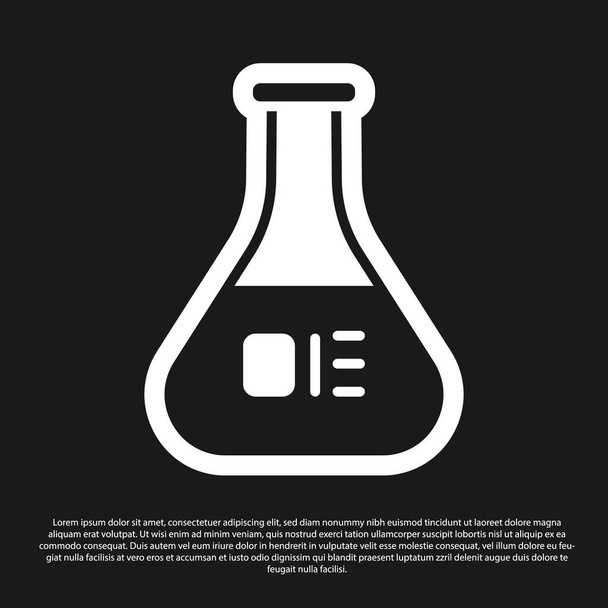 Tubo de ensayo negro y matraz icono de prueba de laboratorio químico aislado sobre fondo negro. Signo de cristalería del laboratorio. Ilustración vectorial - Vector, imagen