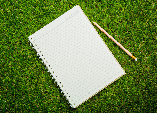 Notebook on fresh spring green grass - Фото, зображення