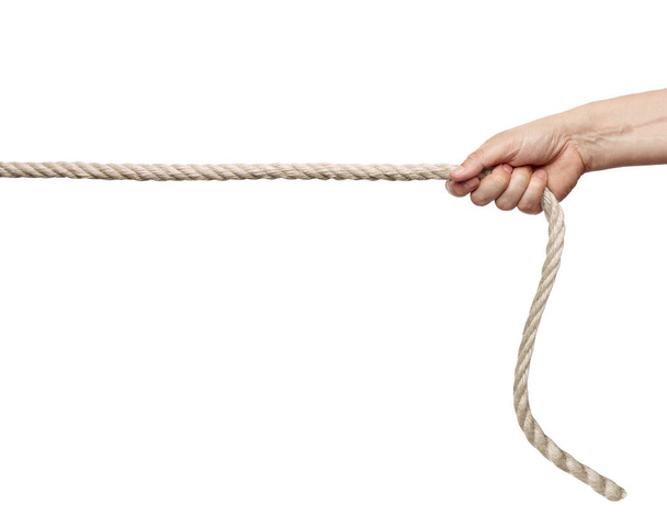 close up of a hand pulling a rope on white background - Photo, Image