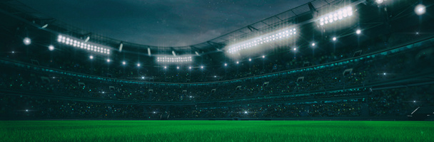 Stade de sport la nuit comme toile de fond large. Illustration 3D numérique pour la publicité de fond. - Photo, image