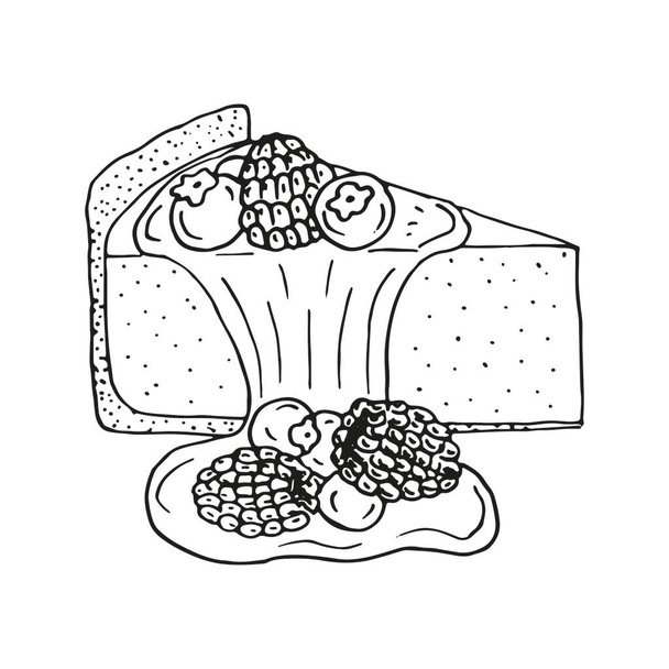 Νόστιμο cheesecake φέτα με μαρμελάδα και μούρα (βατόμουρο και βατόμουρο) απομονώνονται σε λευκό φόντο. Διάνυσμα χέρι ζωγραφισμένα σκίτσο εικόνα στο σκίτσο. Έννοια της ζαχαροπλαστικής, αρτοποιίας, ζαχαροπλαστικής, επιδόρπιο - Διάνυσμα, εικόνα