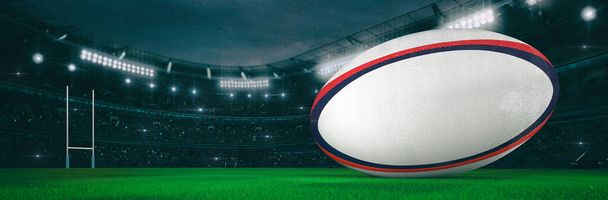Sportstadion mit nächtlichem Rugby-Ball als weitem Hintergrund. Digitale 3D-Illustration für Hintergrundwerbung. - Foto, Bild