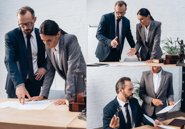 collage de mujer de negocios y hombre de negocios señalando con las manos documentos sobre la mesa - Foto, imagen