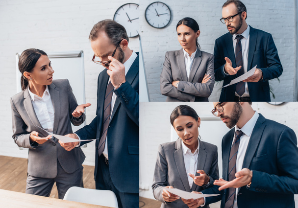 collage of businessman and businesswoman talking and gesturing in office  - Photo, image