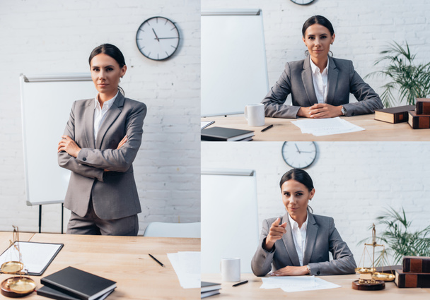 collage of brunette lawyer standing with crossed arms and pointing with finger in office  - Photo, Image