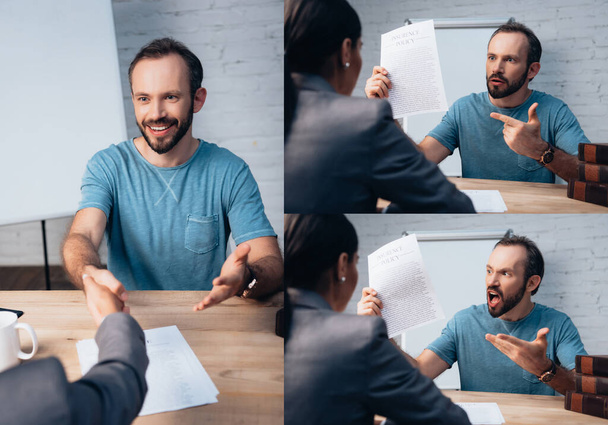 collage of bearded client pointing with finger at insurance policy document and shaking hands with lawyer  - Photo, Image