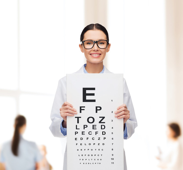 Female doctor in eyeglasses with eye chart - Фото, изображение