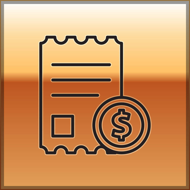 Schwarze Linie Papierscheck und Finanzscheck-Symbol isoliert auf goldenem Hintergrund. Papierdruck-Scheck, Kaufbeleg oder Rechnung. Vektorillustration - Vektor, Bild