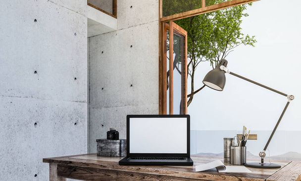Moderní nový normální obývací pokoj a stolní počítač pro práci odkudkoli design interiéru a betonové stěny pozadí a výhled na moře - Fotografie, Obrázek