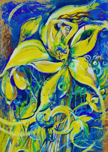gouache pro tisk plakátů.Barevný modro-žlutý obraz okvětních lístků a květin. Krásná žena s rukama nad hlavou. - Fotografie, Obrázek