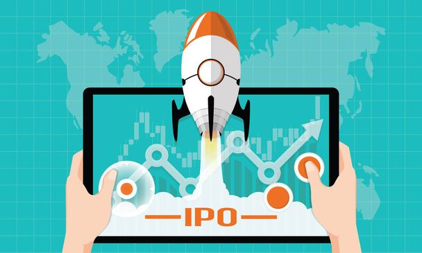 IPO lub Initial Public Offering Corporate Stock Market, koncepcja rozwoju firmy. Projektowanie przez elementy wykresów finansowych i rakiety latające na tablecie do gier. Ilustracja wektorowa stylu strategii inwestycyjnej startup - Wektor, obraz