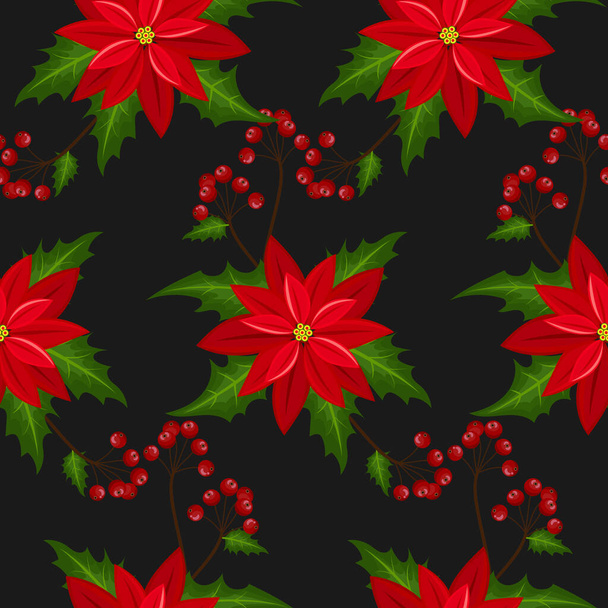 Red poinsettia Christmas flowers with leaves and holly berries branches seamless pattern on black background. Design for winter holidays greeting season. Vector illustration. - Vector, Image