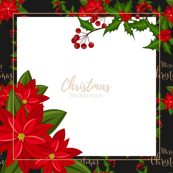 Christmas holiday season background of red poinsettia, Christmas flowers with holly berries branches frame with white background with your copy space. Design for winter holidays greeting season. Vector illustration. - Vector, Image