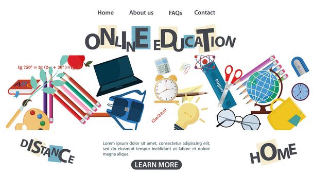 Design, 3 banner de página web, sobre o tema da educação on-line distância escola em casa, usando tecnologias da Internet, desenho animado ilustração vetorial plana
 - Vetor, Imagem
