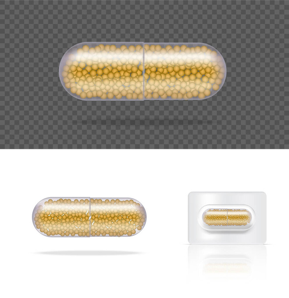 Mallintaa realistinen läpinäkyvä pilleri lääkekapseli paneeli valkoisella taustalla vektori kuvitus. Tabletit Lääketieteen ja terveyden käsite. - Vektori, kuva