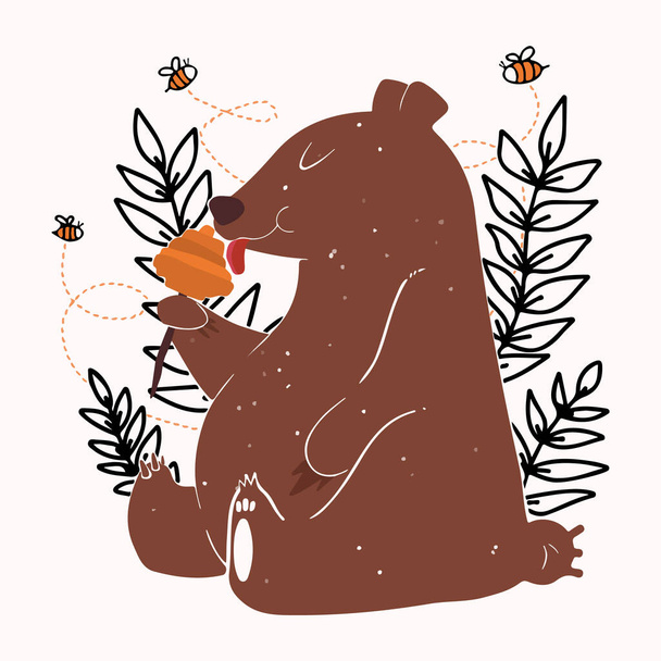 Carino orso grizzly marrone su uno sfondo beige. Teddy si siede e mangia miele dall'alveare, le api volano in giro. Organic Honey Products Concept Packaging Design Cartoon Vector Illustrazione - Vettoriali, immagini