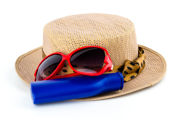 γυναίκα καπέλο, λοσιόν, γυαλιά ηλίου - Φωτογραφία, εικόνα
