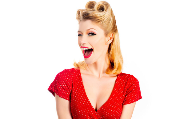 Woman with red lips winking in surprise joy. Gestures for advertisement. Portrait of positive cheerful amazed girl. Retro hairdo. Elegant woman model with bright makeup. - Foto, afbeelding