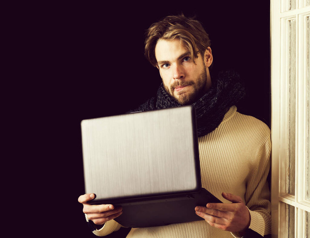 handsome bearded guy with laptop - Zdjęcie, obraz