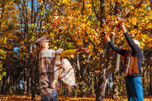 Осенний сезон. Пара сбрасывающих листья в осеннем лесу. Старшая семья развлекается на свежем воздухе играя в игры - Фото, изображение