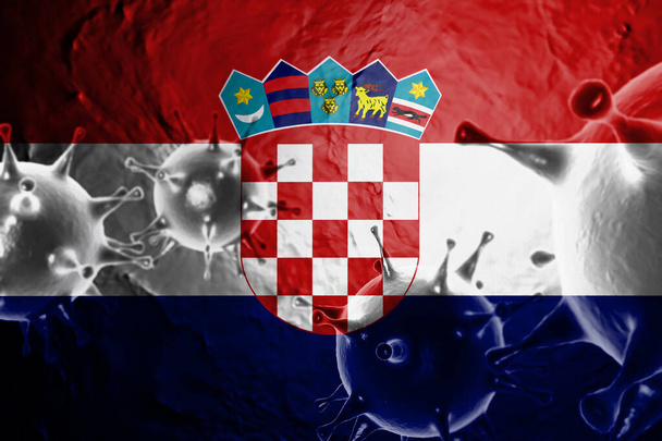 3D ILLUSTRATION VIRUS Kroatian FLAG, CORONAVIRUS, kelluva influenssan koronavirus, mikro näkymä, pandemiainfektio, aasialainen flunssa. - Valokuva, kuva