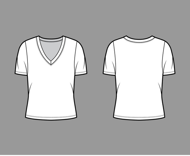 Tief V-Ausschnitt Jersey T-Shirt technische Mode Illustration mit kurzen Ärmeln, übergroßer Körper.  - Vektor, Bild