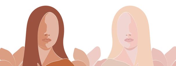 Retrato abstracto de dos hermosas mujeres, rubia y morena. Fondo floral. diseño de mínima ilustración de moda en estilo plano. Ilustración vectorial - Vector, imagen