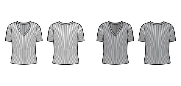 Jersey de punto acanalado con cuello en V ilustración técnica de moda con mangas cortas en las costillas, cuerpo sobredimensionado.  - Vector, Imagen
