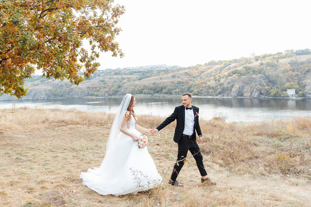 Wedding walk of a beautiful luxurious couple, the bride in a wedding white dress with a bouquet and the groom in a black suit in nature outdoors - Photo, Image