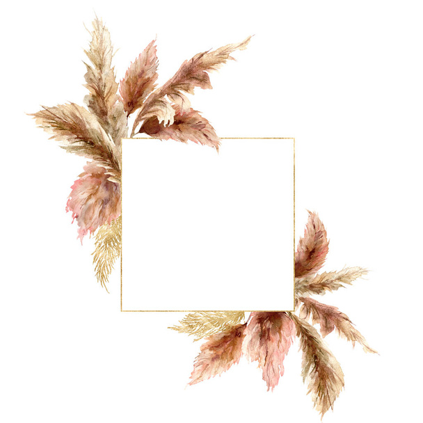 Bouquet tropicale acquerello con erba pampas asciutta e cornice in oro. Bordo esotico dipinto a mano isolato su sfondo bianco. Illustrazione floreale per design, stampa, tessuto o sfondo. - Foto, immagini