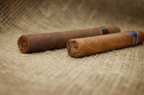 Dos cigarros cubanos sobre tela hessiana
 - Foto, imagen