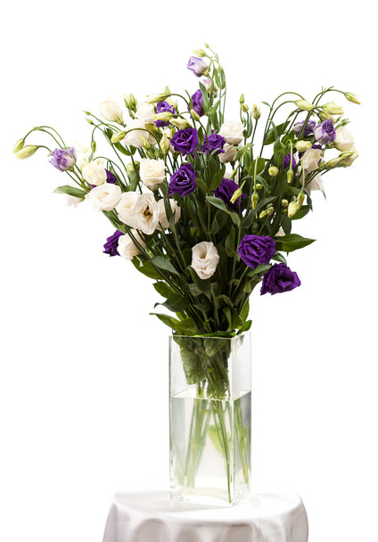 トルコギキョウ ホワイト上の花瓶に花の花束 - 写真・画像