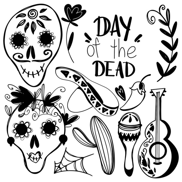 Aranyos kawaii halál napja set koponya, betűk, gitár, virág elszigetelt fehér háttérrel. Doodle digitális művészeti vázlat. Nyomtatás bannerekhez, színező oldalakhoz, csomagoláshoz, meghívóhoz, csomagolópapírhoz - Fotó, kép